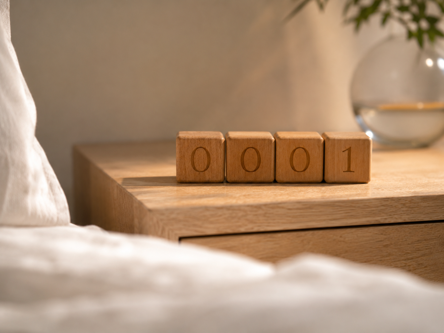 Handcrafted beechwood number blocks on a sunlit linen tablecloth
